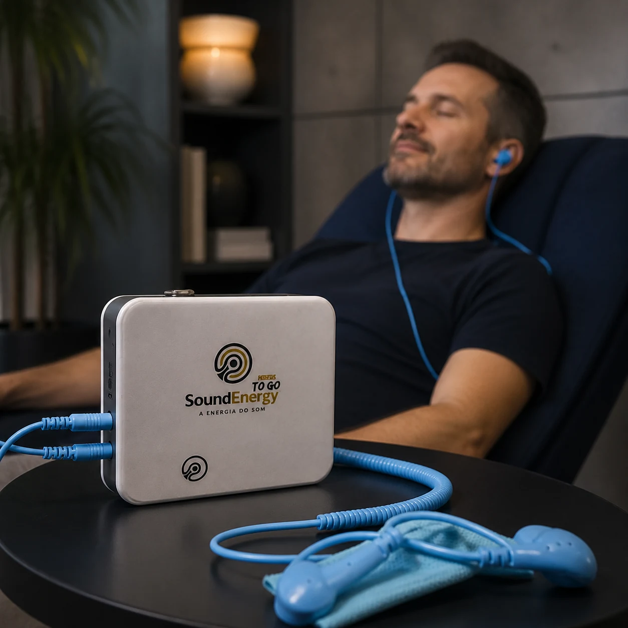 Pessoa utilizando o Sound Energy em um ambiente de relaxamento
